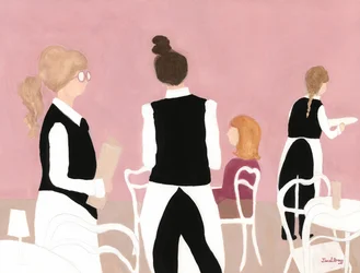 Serveersters van Café Sabarsky in roze en beige, ca. 2024 (watermedia op papier)
