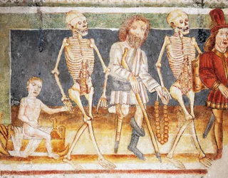 Hrastovlje versterkte kerk, Drievuldigheidskerk, Dood vergezelt kind en arme, Dodendans (1490), (detail) uit fresco