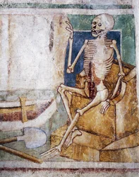 Hrastovlje versterkte kerk, Drievuldigheidskerk, Dood opent grafsteen, Dodendans (detail)