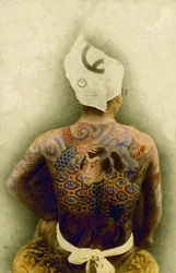 Man met traditionele Japanse Irezumi-tatoeage, ca. 1880