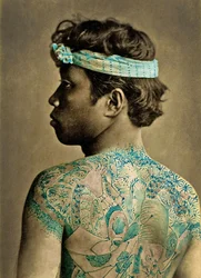 Portret van een man met traditionele Japanse Irezumi-tatoeages, ca. 1880