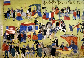 Amerikaanse, Nederlandse en Franse bezoekers arriveren in Yokohama in Japan, ca. 1860