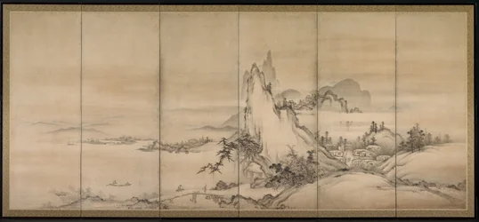 Chinees landschap, een van een paar zesdelige schermen