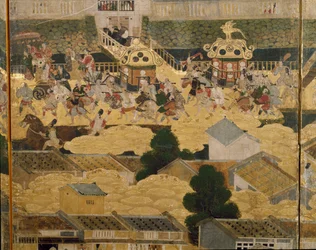 Detail van Views In and Around Kyoto (Rakuchu rakugai zu), ca.1616-24 (inkt, kleur  bladgoud op papier)