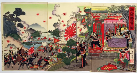 Gevechten tussen Japanse en Chinese troepen bekeken door een groep Japanse officieren, een episode uit de Chinees-Japanse oorlog, eind 19e eeuw