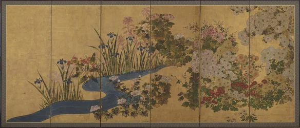 Bloemen en een beek, Schermen