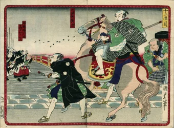 Groep samurai op een brug (inclusief een paard) - in “De wraak van de 47 ronins” 19e eeuw: Serie de Kabouki