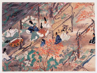 Heian staatsman en dichter Sugawara Michizane, bekend als Tenjin-San, in ballingschap in Kitano Tenman-Gu heiligdom in Kyoto, verdeelt kleding geschonken door voormalig keizer, Kamakura periode, Japan