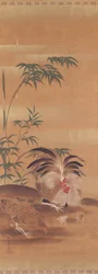Japans kakemono met een haan, hen en kuikens