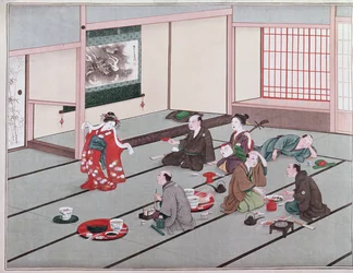 Japanners eten, drinken en worden vermaakt in theehuis