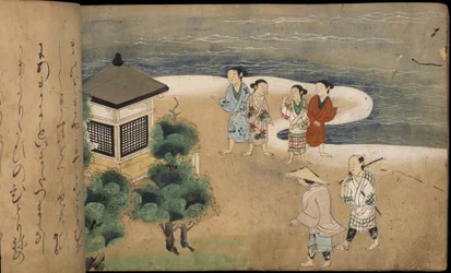 Japanse mannen bij een pagode, illustratie uit de 