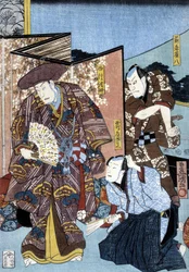 Japanse prent: mannen en scherm, n.d.
