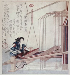 Japanse weefgetouw, late 19e eeuwse prent