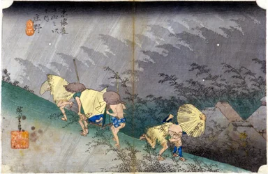 Landschap in de regen. Japanse prent. 19e eeuw