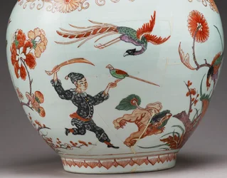 Grote flesvaas, versierd in Holland in de Imari-stijl, Ko-Imari, eind 17e eeuw (detail)