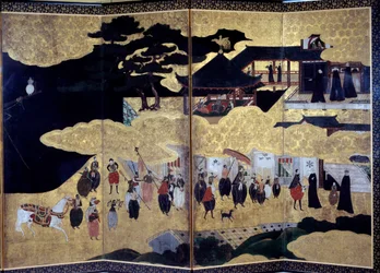 Namban Byobu-scherm genaamd ‘Portugezen’: een voorstelling van de aankomst van Portugese jezuïetenmissionarissen in Japan in de 16e eeuw. Vervaardigd door de Kano-school. 17e eeuw. Parijs, Musée Guimet, Nationaal Museum voor Aziatische Kunst