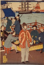 Europese kooplieden nemen verfrissing met Japanners, Yokohama haven, Japan