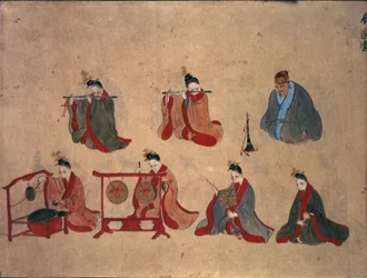 Zeven zittende muzikanten, uit de muzikale uitvoeringen van Ryukyu, c.1800-50