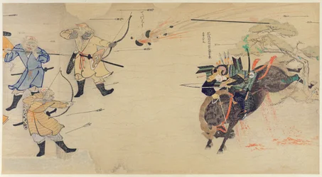 Samurai Takezaki valt Mongoolse indringers aan terwijl granaten boven hun hoofden exploderen tijdens de Mongoolse invasies van Japan in 1274, illustratie uit Kokka magazine, mei 1921