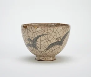 Theekom met ontwerp van plevieren, Kyoto-gerelateerd aardewerk, midden 19e eeuw