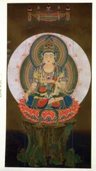 De bodhisattva Akashagarba, die in de linkerhand het wensvervullende Cintamani-juweel houdt en op een lotus zit, illustratie naar een kakemono uit de 9e eeuw uit de tempel van Daigo, gepubliceerd in Th