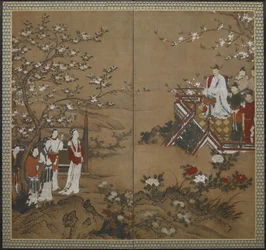 De Chinese keizer Ming Huang en zijn concubine Yang Kuei-fei spelen en zingen om de bloemen te laten bloeien, Edo-periode