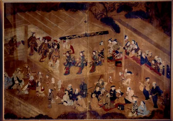 Kabuki-theater: acteurs op het toneel; 18e-eeuwse Japanse prent, Parijs, Musée Guimet, Nationaal Museum voor Aziatische Kunst