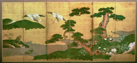 Twee kraanvogels duiken achter dennen en rotsen, Edo-periode