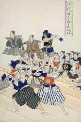 Krijgsheer kijkt naar Samurai die zwaardvechten oefenen (detail)