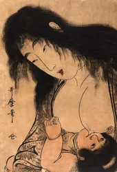 Yamauba die Kintaro de borst geeft, ca. 1804 (houtsnede)