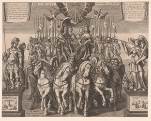 Lodewijk XIII en Anna van Oostenrijk samen met de dauphin en de hertog van Anjou in een koets getrokken door vier paarden