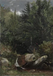 Bomen en een Stroom op een Heuvel