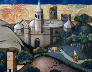 Landschap met de Bisschopskerk, detail van Vlucht naar Egypte, altaarstuk uit Verdu