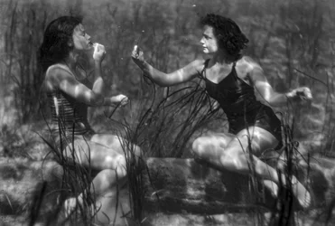 Vrouwen onder water die lippenstift aanbrengen in toeristische attractie, Florida