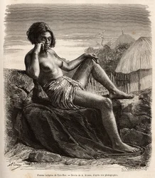 Inheemse vrouw van Taio-Hae, Marquises, toont haar getatoeëerde benen. Gravure naar een tekening van A. Rixens.