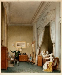 De keizerlijke Maria Louise van Habsburg Lotharingen, keizerin van Frankrijk in haar slaapkamer na de geboorte van de koning van Rome in 1813 (gravure)