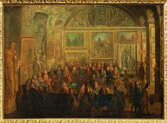 Zicht op de Salon de Diane in het Louvre;een zitting van de Academie voor Schilderkunst ...