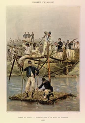 Typen en uniformen van het Franse leger van Kapitein Jules Richard, geïllustreerd door Edouard Detaille: Genie; Bouw van een fascinebrug in 1887, Privécollectie