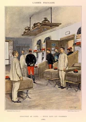 Typen en uniformen van het Franse leger van Kapitein Jules Richard, geïllustreerd door Edouard Detaille: Linie-infanterie: Revue in de kamers in 1885, Privécollectie