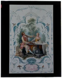 Twee Decoratieve Panelen met Paren van Geliefden Getiteld "De Picknick" en "De Toast"