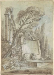 Architecturale fantasie van Romeinse ruïnes met een inscriptieplaquette, c.1768 (bruine inkt op papier)
