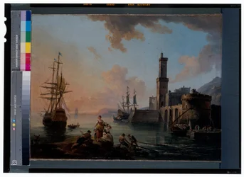 Vissers en courtisanes in een mediterrane haven bij zonsondergang