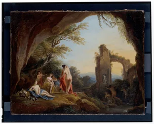 Nimfen en Satyren in een Rivierlandschap Diana en Actaeon in een Landschap met Ruïnes