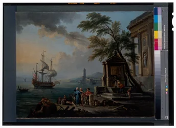 Turkse kooplieden in een mediterrane haven bij zonsopgang