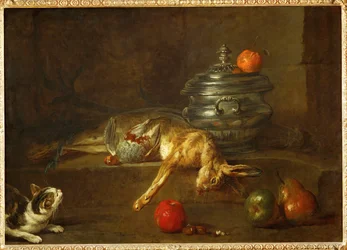 Kat kijkt naar een dode patrijs en een dode haas, gegooid naast een oliepot (schilderij op doek)