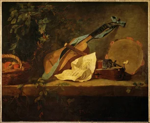 Muziekinstrumenten en fruitmand (schilderij op doek)