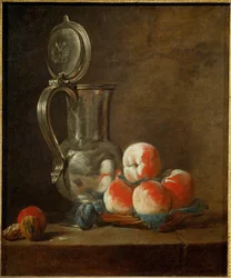 Tinnen pot met bord perziken, pruimen en noot (schilderij op canvas)