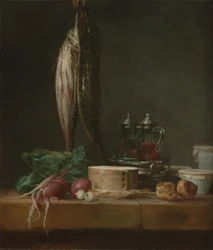 Stilleven met vis, groenten, gougÃ¨res, potten en Cruets op een Tafel