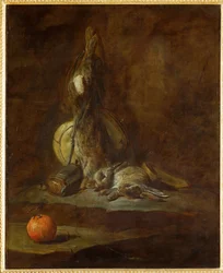 Twee dode hazen met jachttas, kruitfles en sinaasappel (schilderij op doek)