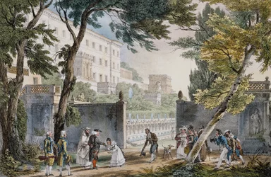 Galante scène bij de ingang van een villa in Rome, ca. 1820, gravure door Jean-Baptiste Thomas